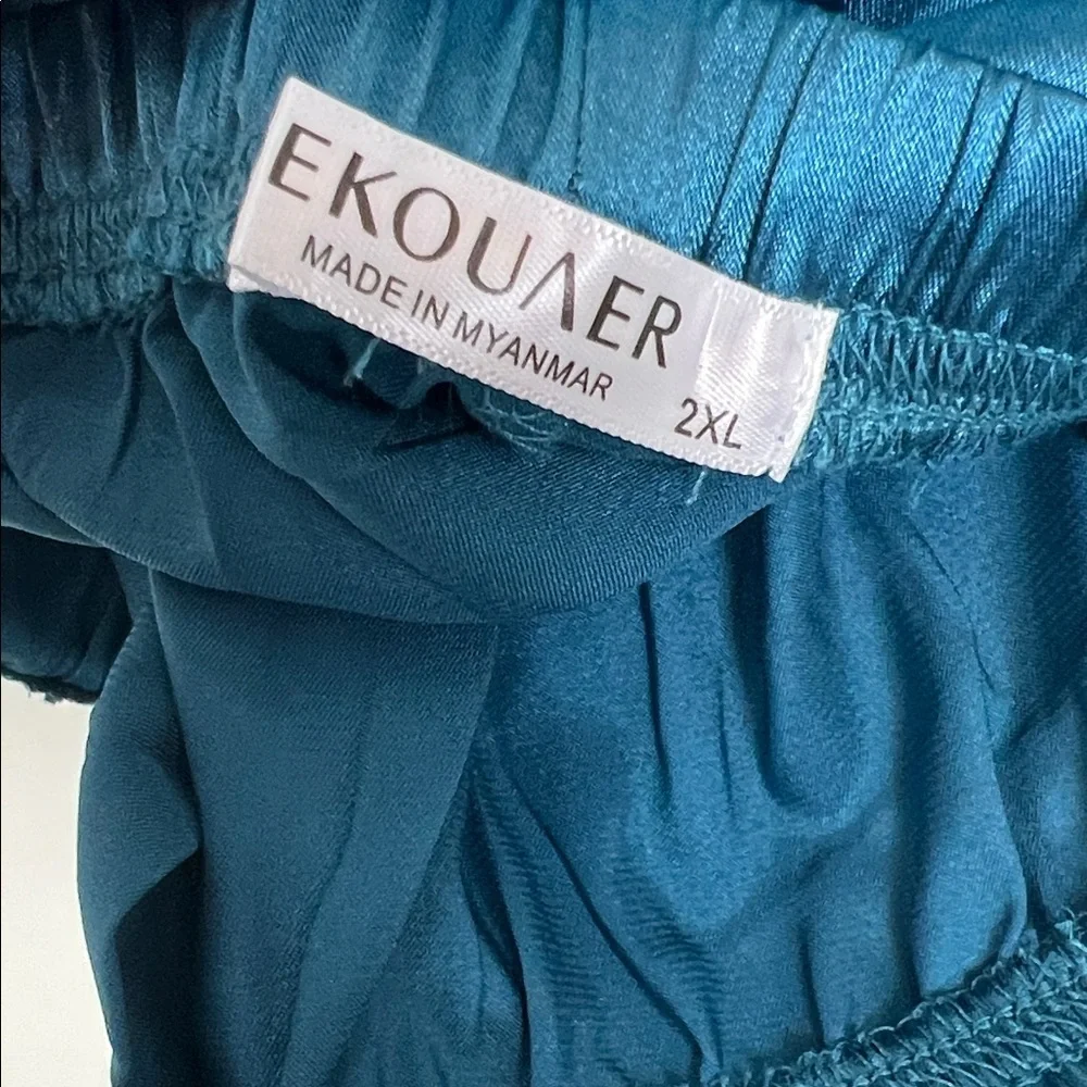 NWOT Ekouaer Women 2XL Satin Pajama Set Loungewear Teal Green - Picture 9 of 10